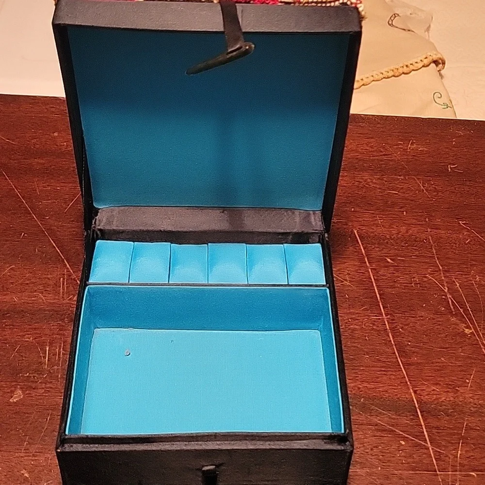 Vintage Tapestry Needlepoint Floral Jewelry Box with Aqua Blue Lining